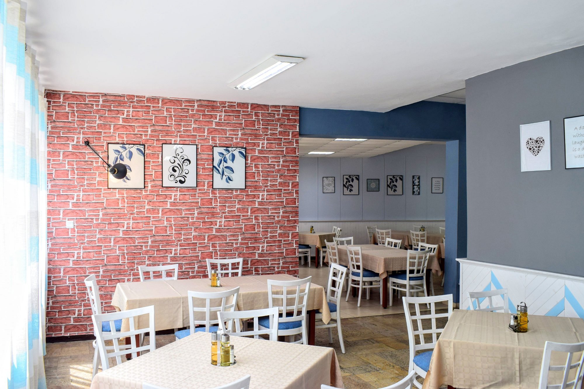 Restaurant interior with brick wall